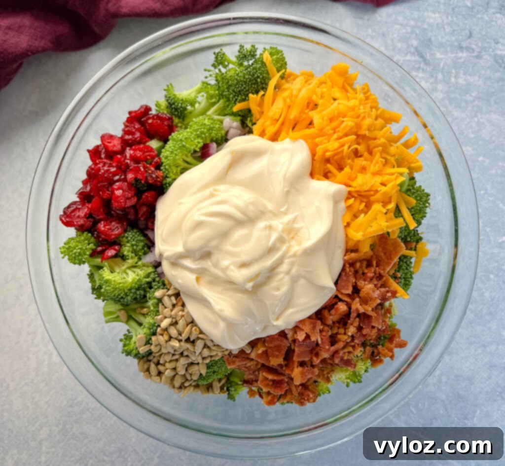 broccoli salad with cheese, bacon, and cranberries in a glass bowl