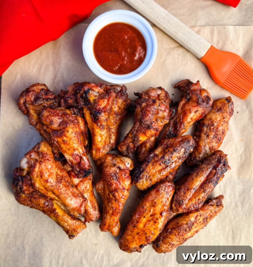 Traeger smoked chicken wings on a plate with BBQ sauce, ready to be served