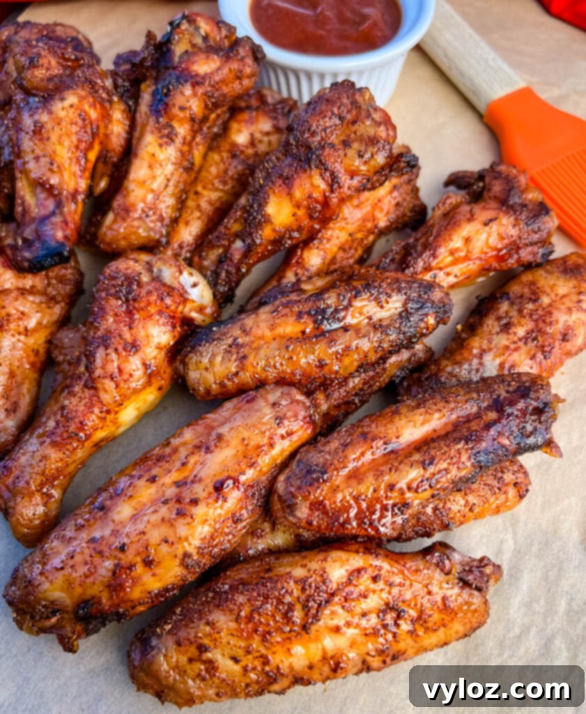 Traeger smoked chicken wings piled on a plate with BBQ sauce on the side, highlighting their crispy texture