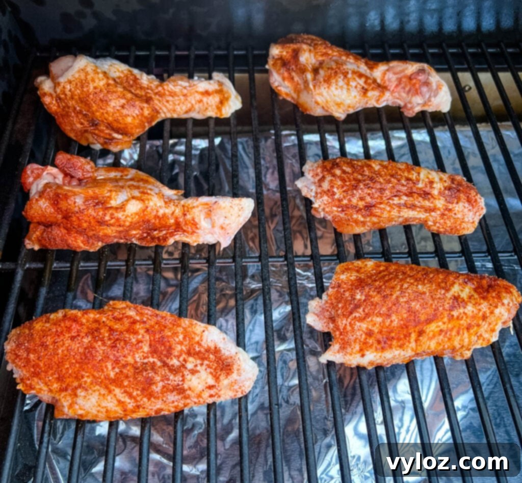 raw, seasoned turkey wings placed on a Traeger pellet grill