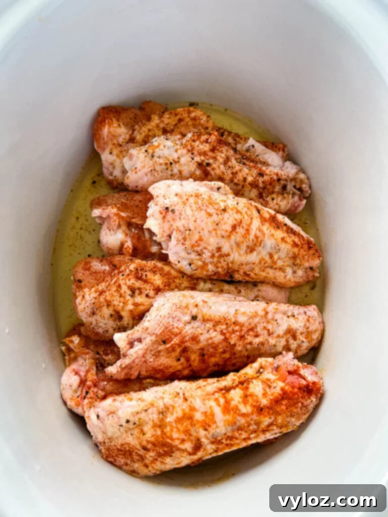 raw seasoned turkey wings in a Crockpot slow cooker