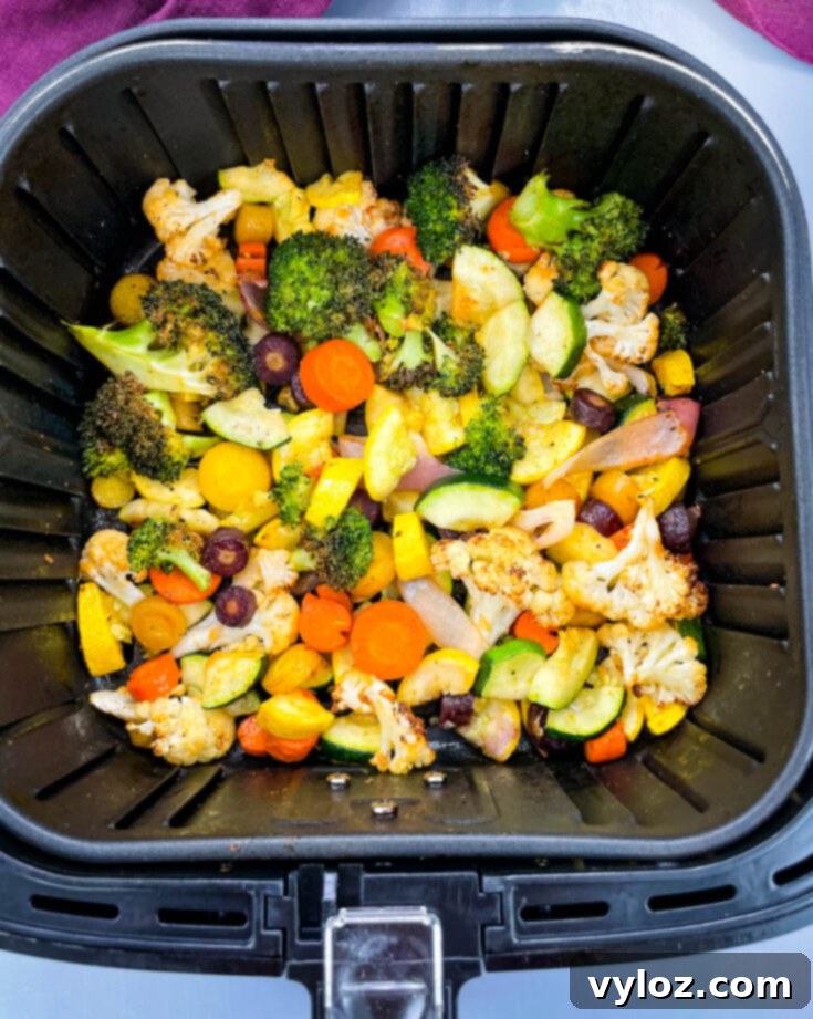 Assorted quick and easy air fryer vegetables, perfectly roasted and seasoned