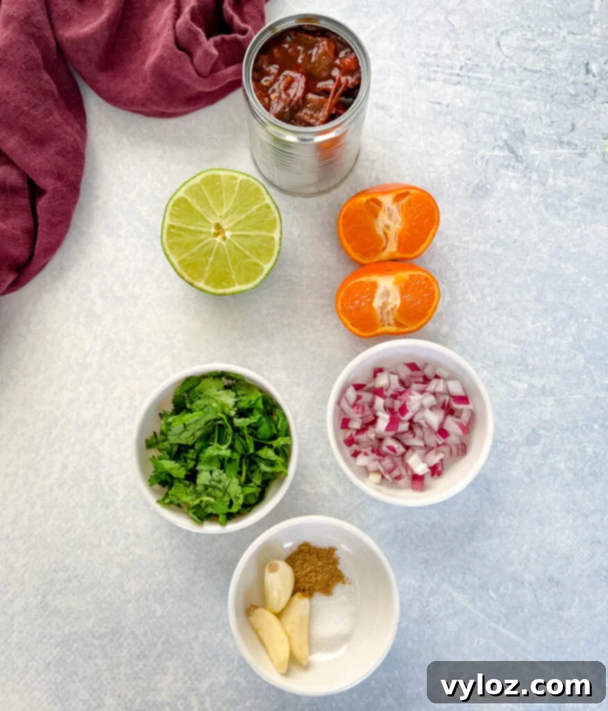 chipotles in adobo sauce, limes, oranges cilantro, onions, and spices on a flat surface