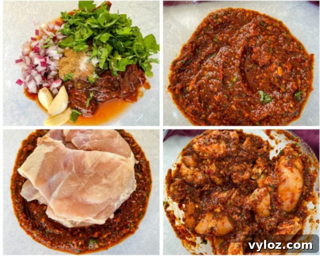 collage of 4 photos with pollo asado marinade and raw chicken thighs