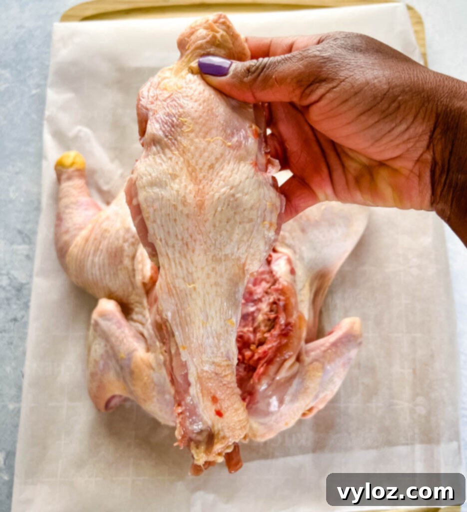 Ultimate Traeger Smoked Whole Chicken 5 person holding backbone of chicken