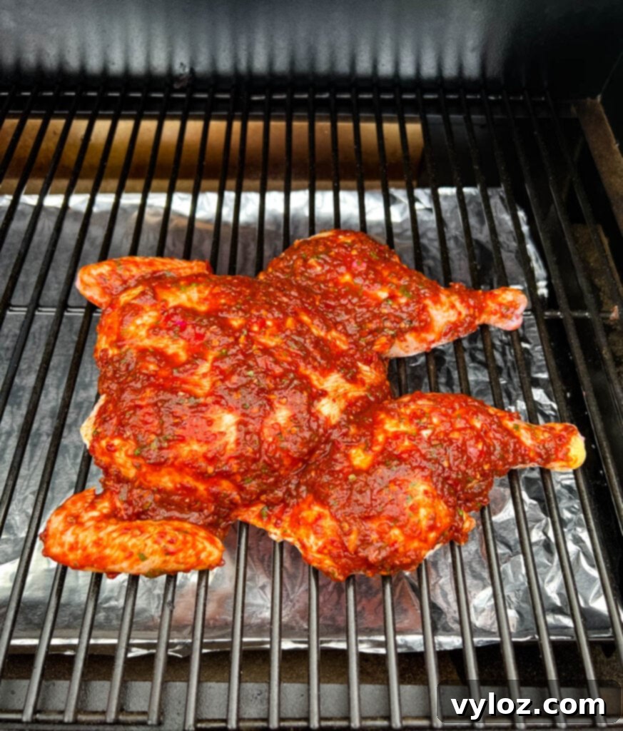 Ultimate Traeger Smoked Whole Chicken 9 seasoned and raw whole chicken on a Traeger pellet grill smoker