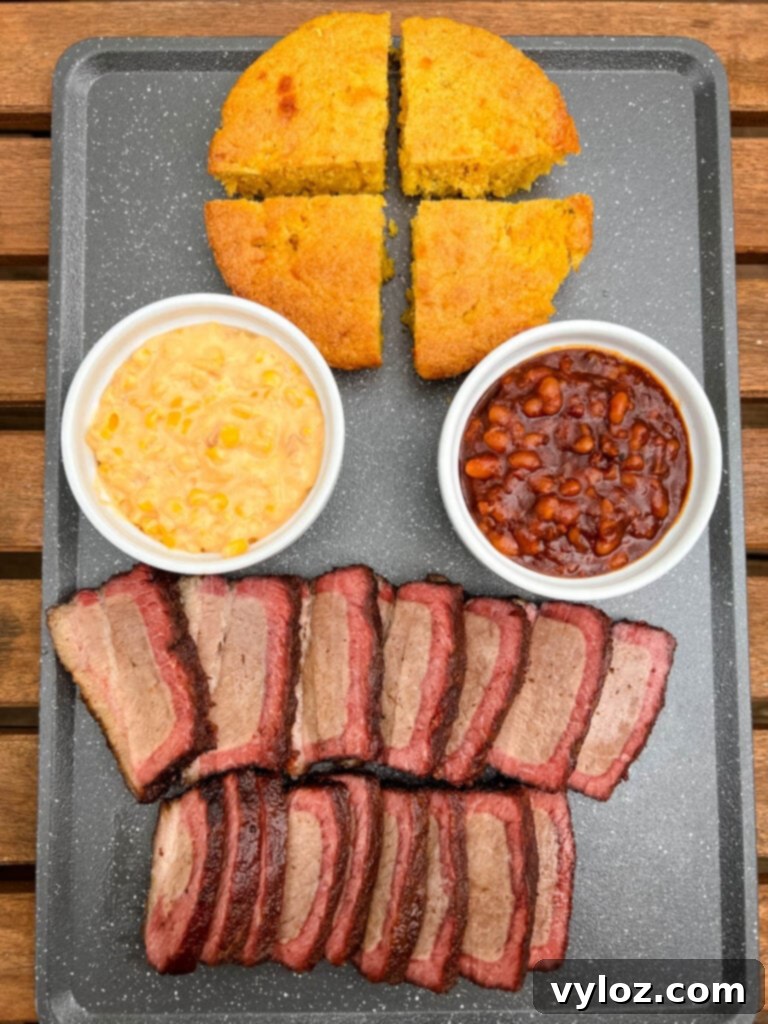 Traeger smoked brisket on a plate with baked beans and cornbread, showcasing a perfect smoke ring and juicy interior.