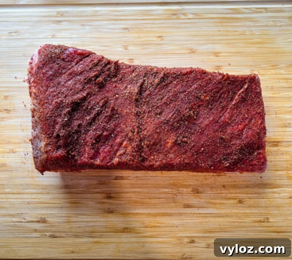 Raw seasoned brisket on a bamboo cutting board, coated with a generous layer of BBQ rub.