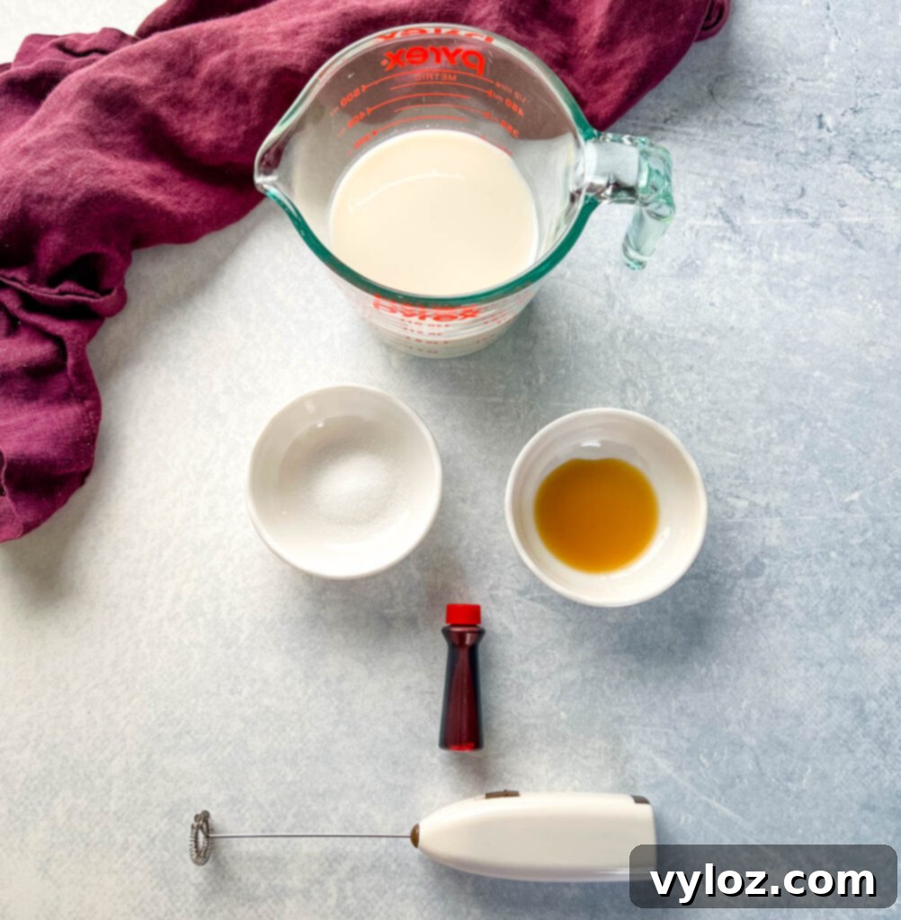 Milk, sugar or sweetener, vanilla extract, and food coloring arranged on a flat surface, highlighting the simple ingredients of Angel Milk.