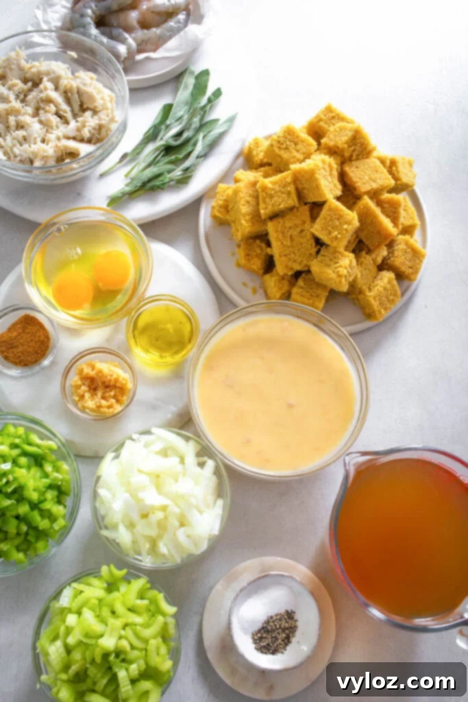 The Ultimate Seafood Dressing 3 Collection of key ingredients for seafood dressing: cooked cornbread, assorted vegetables, broth, and fresh seafood in separate bowls.