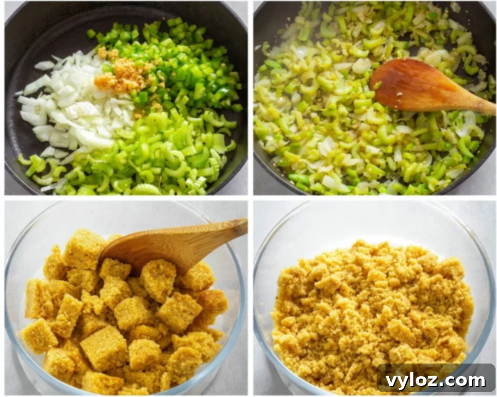 The Ultimate Seafood Dressing 5 A collage of four photos showing the preparation process, including sautéed vegetables being mixed with crumbled cornbread.