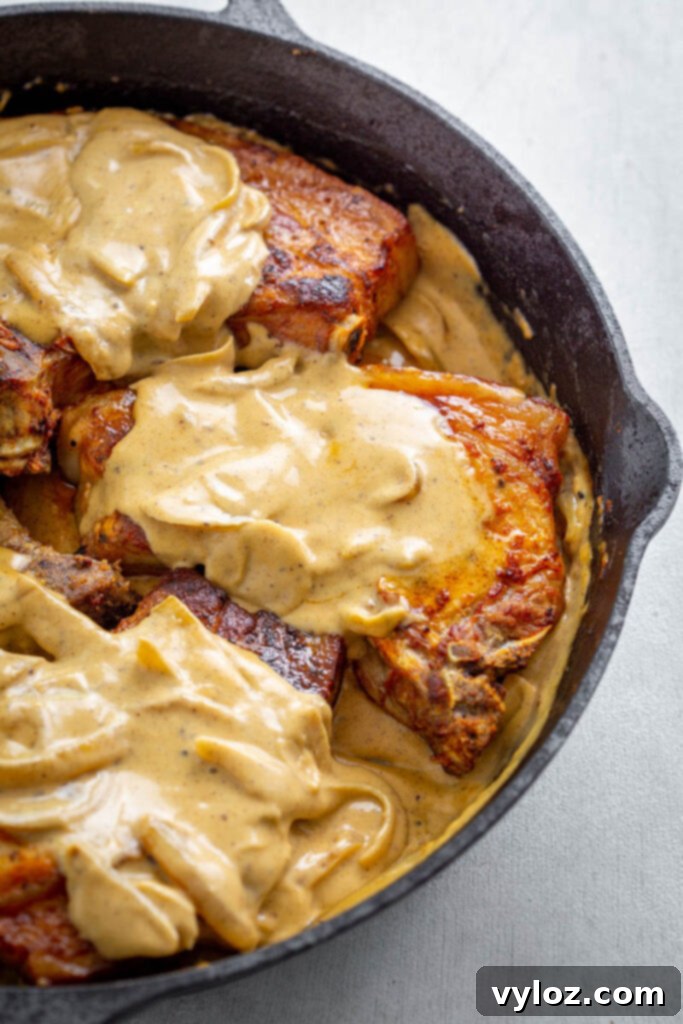 Soulful Southern Smothered Pork Chops 11 southern smothered pork chops in a cast iron skillet with gravy