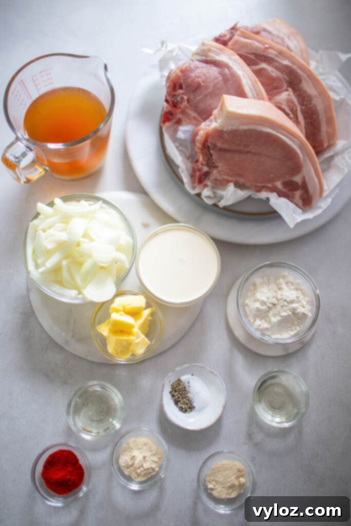 Soulful Southern Smothered Pork Chops 3 raw pork chops, onions, cream, broth, garlic, spices, and flour in separate bowls