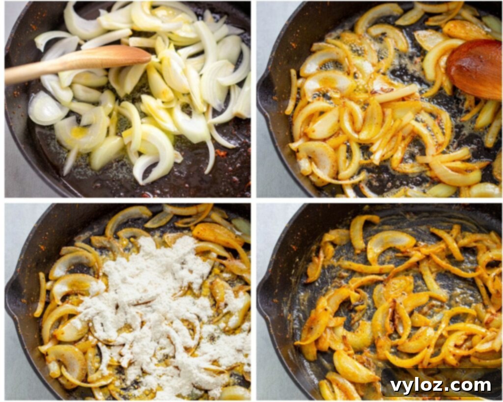 Soulful Southern Smothered Pork Chops 7 collage of 4 photos with onions and cream to make gravy for smothered pork chops