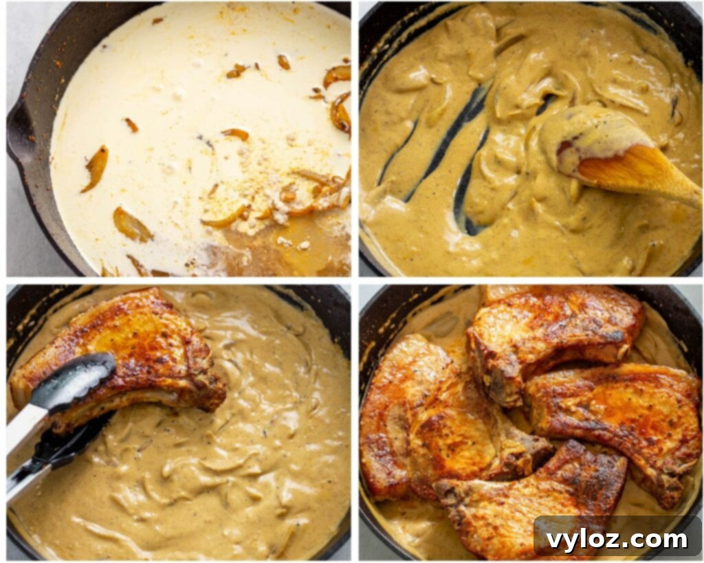 Soulful Southern Smothered Pork Chops 8 collage of 4 photos with onions and cream to make gravy for smothered pork chops