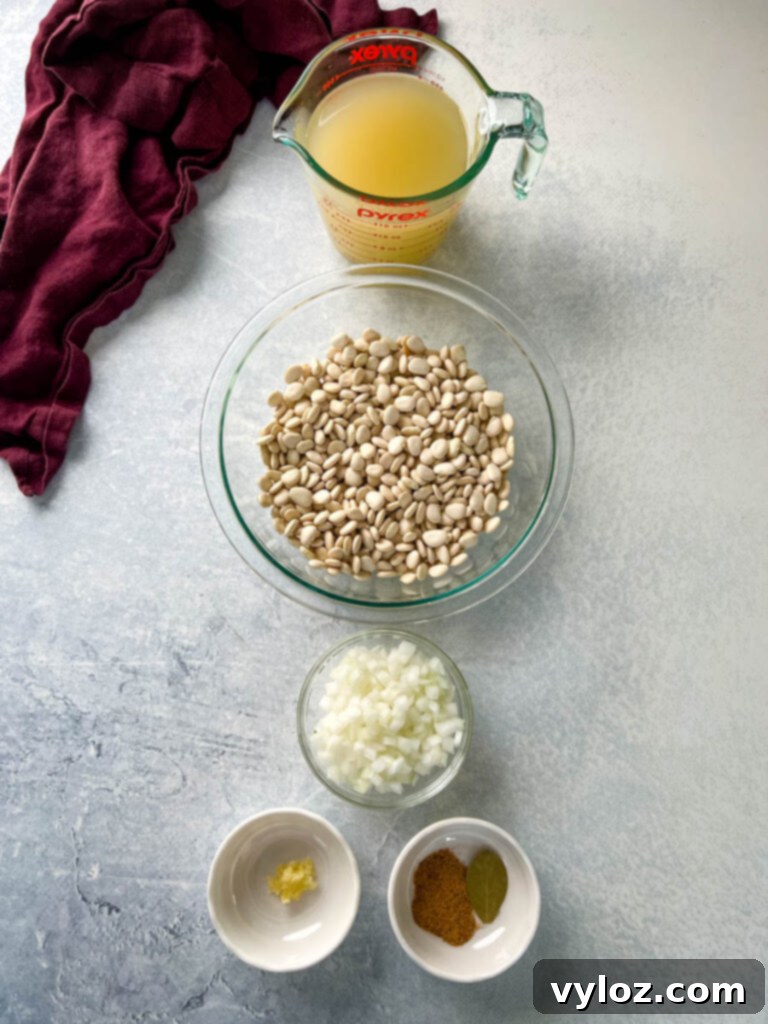 A selection of ingredients for Southern butter beans: broth, lima beans, onions, garlic, and spices in separate bowls.