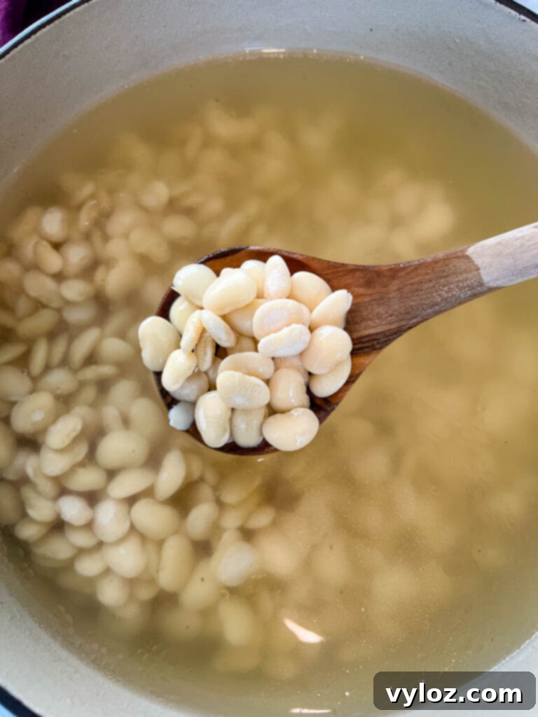 A wooden spoonful of Southern butter lima beans, perfectly cooked and creamy, emerges from a Dutch oven.