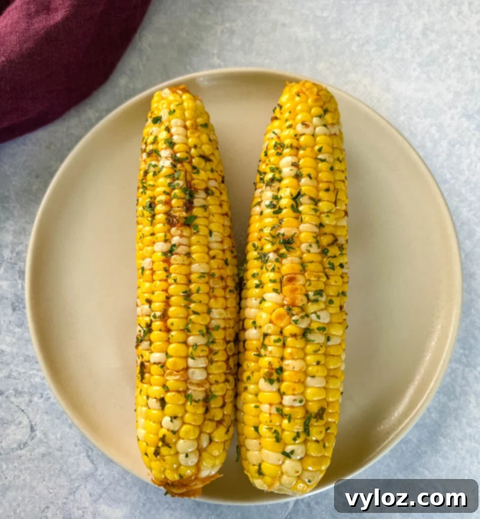 Beautifully baked oven roasted corn on the cob on a white plate, garnished with fresh herbs