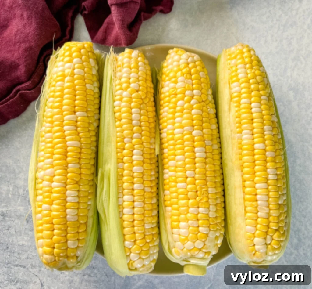 Fresh ears of corn on the cob on a plate, ready for preparation
