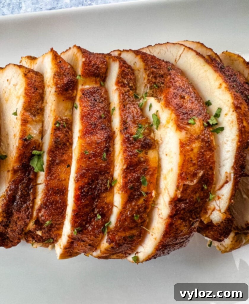 Slices of juicy slow cooker boneless turkey breast on a white plate, garnished and ready to serve