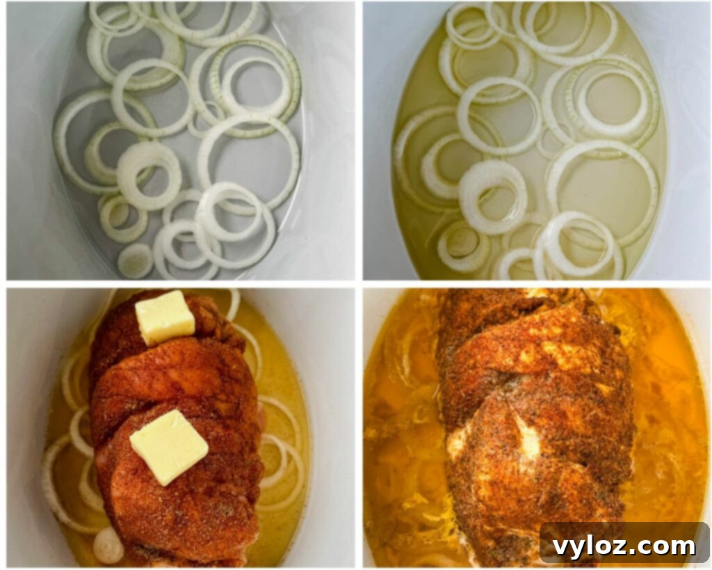 A collage of four photos showing the steps of preparing turkey breast in a Crockpot: sliced onions, broth, seasoned turkey breast, and finally, the cooked turkey in the slow cooker