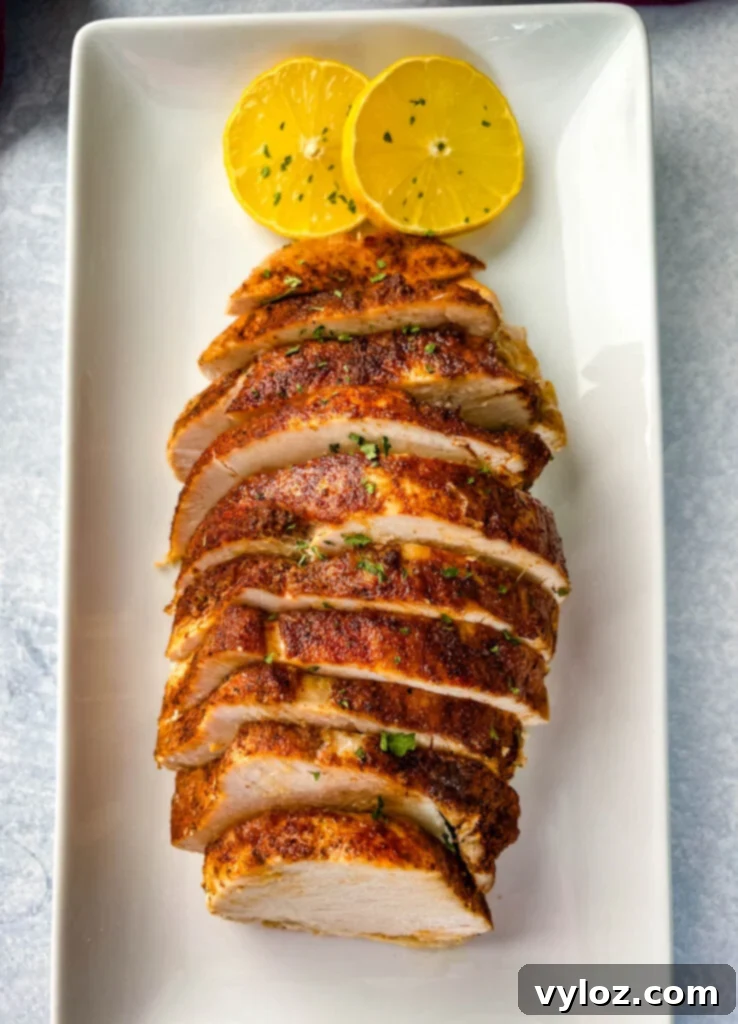 Close-up of perfectly cooked, moist slow cooker boneless turkey breast slices on a white plate