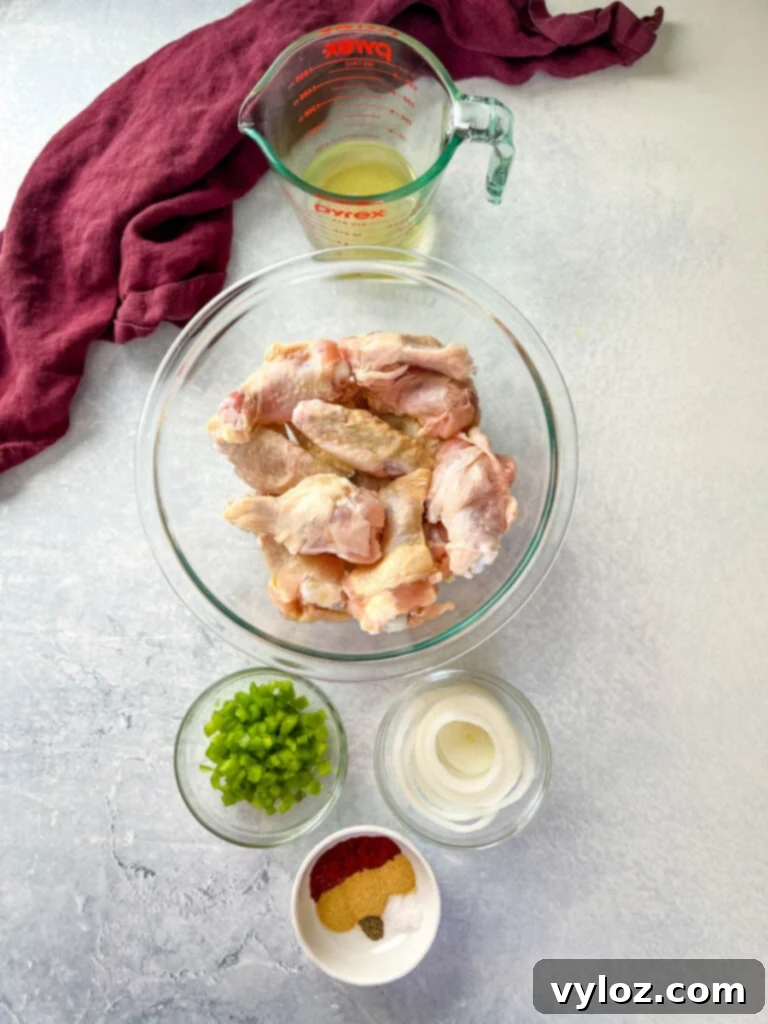 Savory Smothered Chicken Wings 4 raw chicken wings, broth, fresh green peppers, onions, and spices in separate bowls