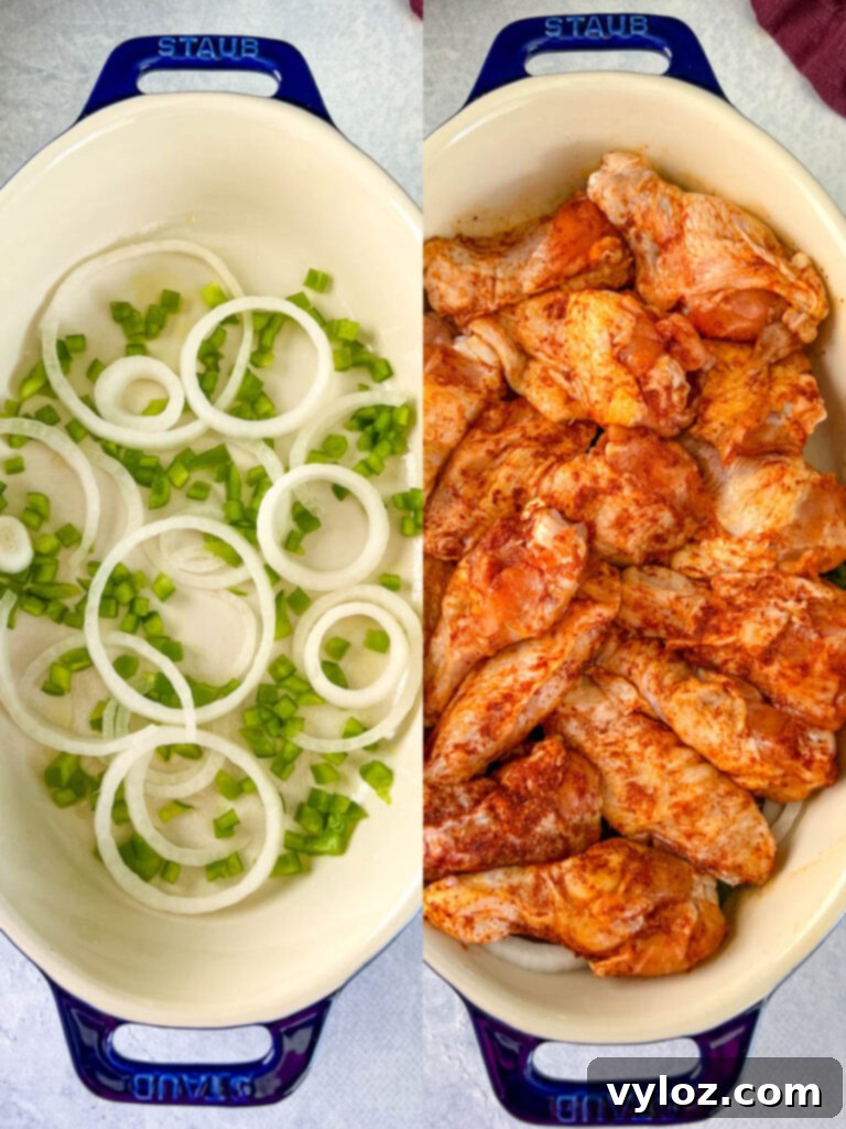 Savory Smothered Chicken Wings 5 collage of onions, green peppers, and uncooked chicken wings in a baking dish