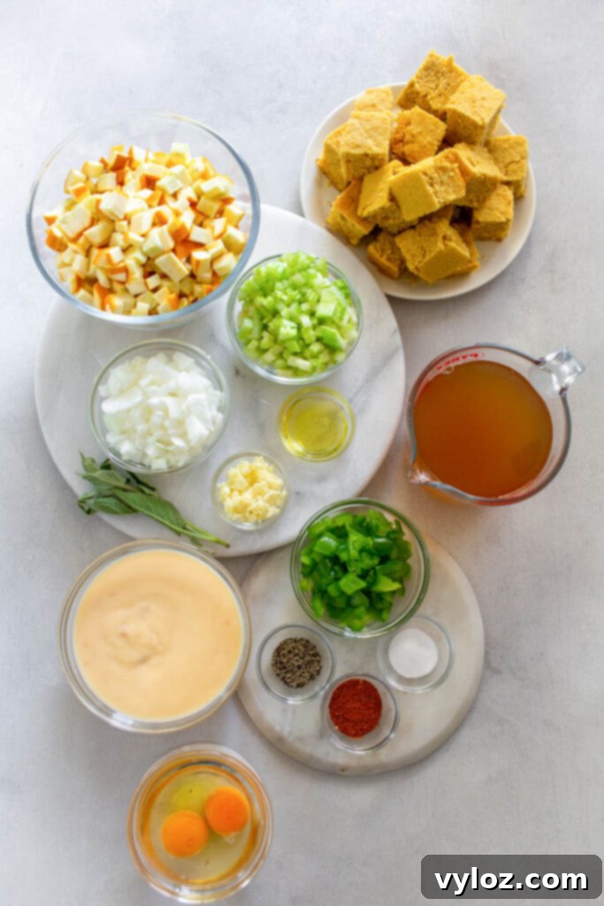 Various fresh ingredients for squash dressing laid out in separate bowls, including yellow squash, green peppers, celery, onions, cream of chicken soup, broth, and a selection of spices.