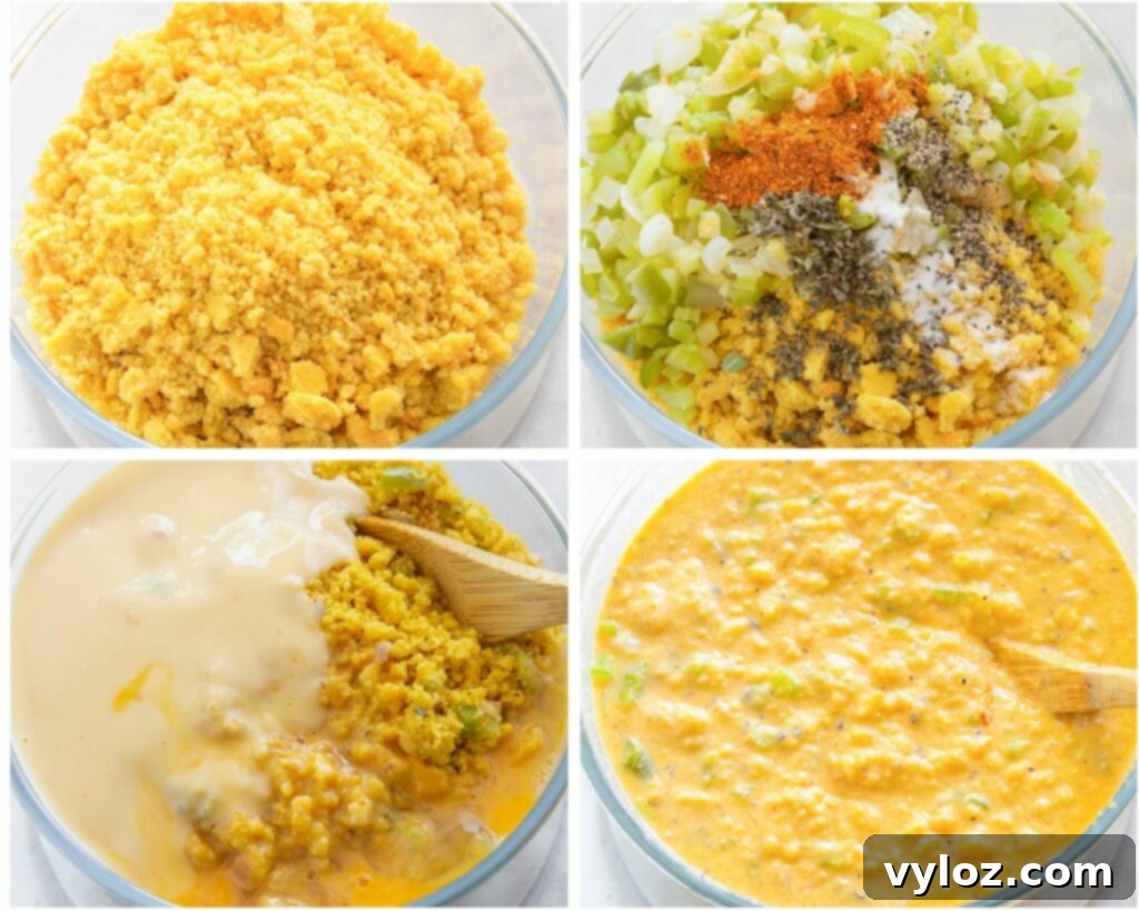 A collage of four photos showcasing the unbaked squash dressing mixture in a clear glass mixing bowl, illustrating its texture before going into the oven.