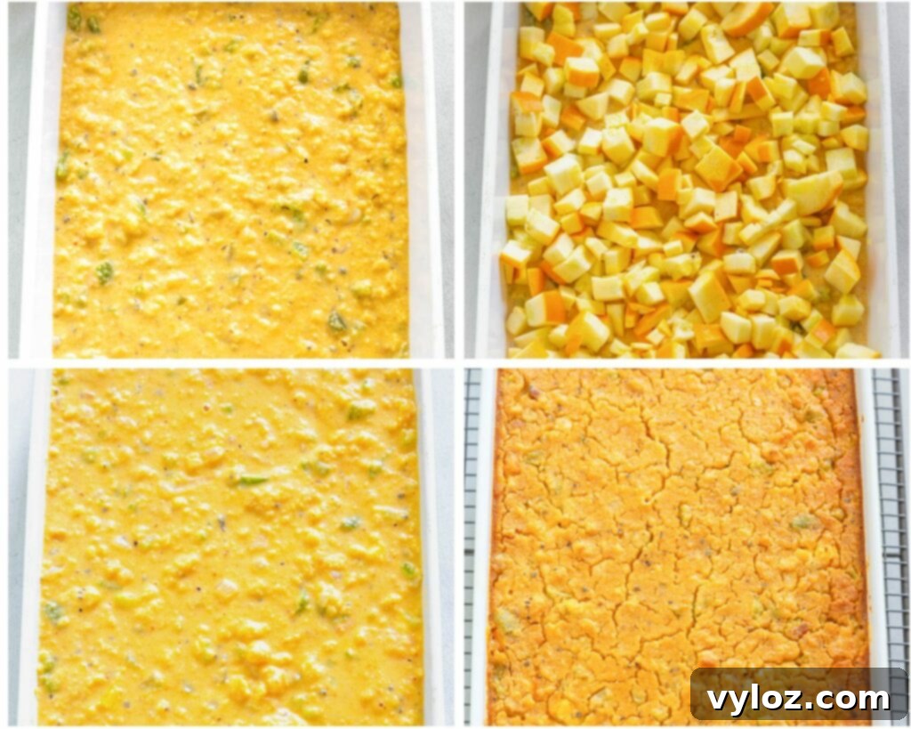 A collage of four photos featuring the unbaked squash cornbread dressing spread out in a baking dish, perfectly prepared for baking.
