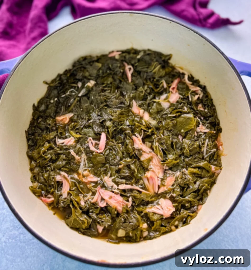 Southern soul food turnip greens in a Dutch oven