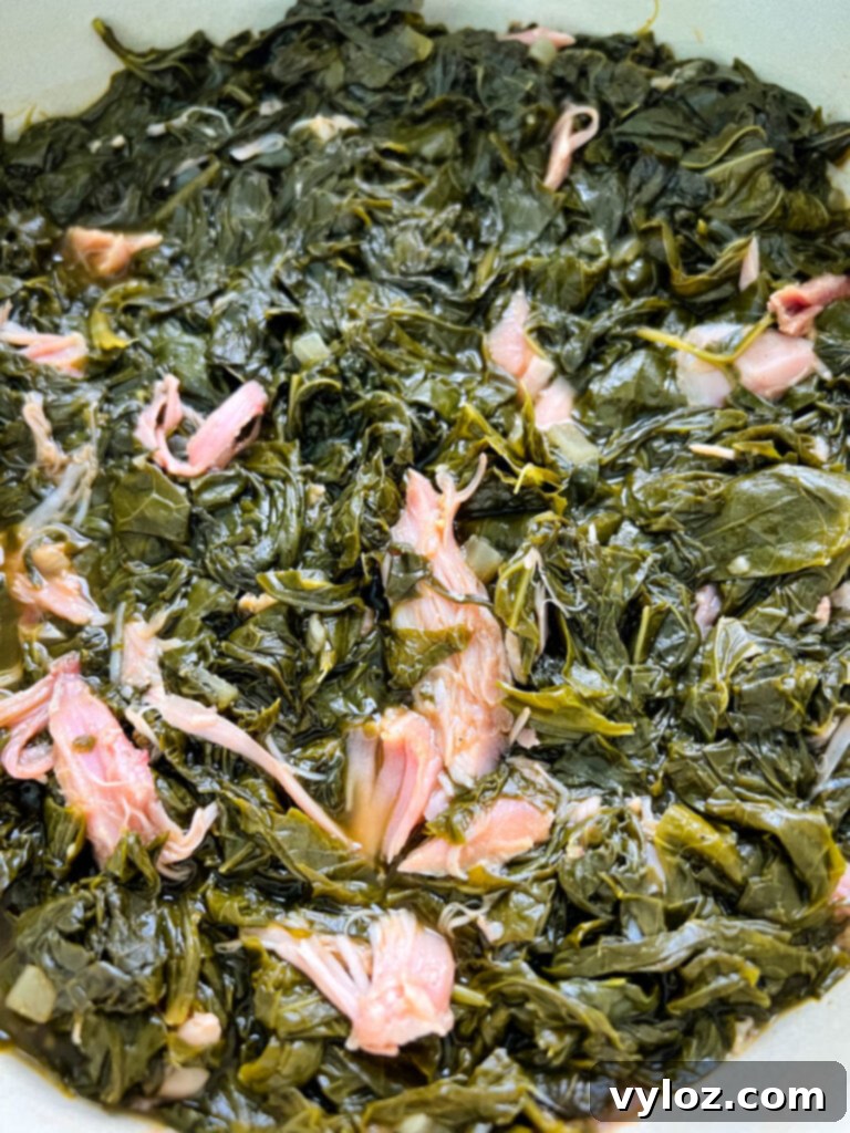 Southern soul food turnip greens in a Dutch oven