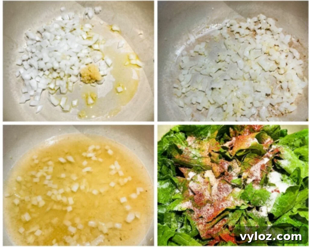 collage of 4 photos with sauteed onions and turnip greens