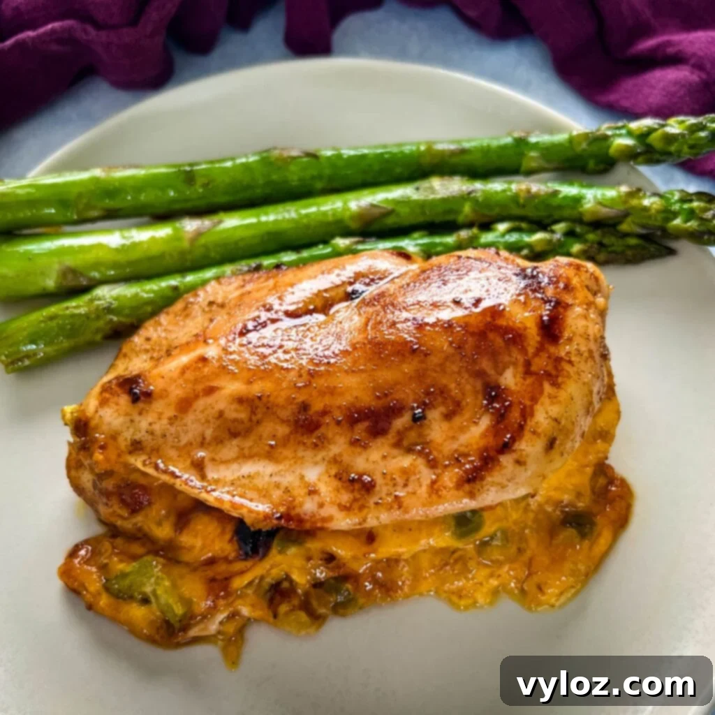 Perfectly Baked Stuffed Chicken 2 oven baked stuffed chicken breast on a plate with asparagus