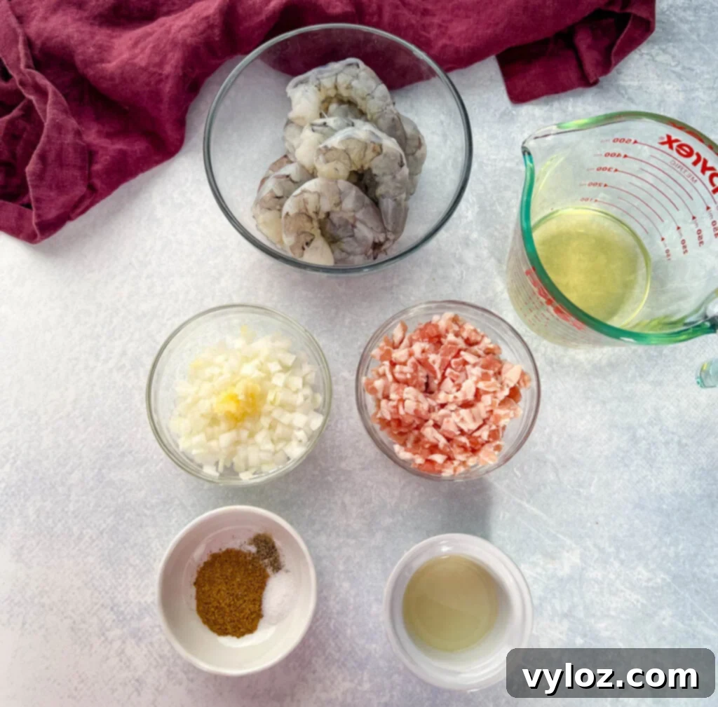 raw shrimp, bacon, broth, Cajun seasoning, onions, and lemon juice in separate bowls