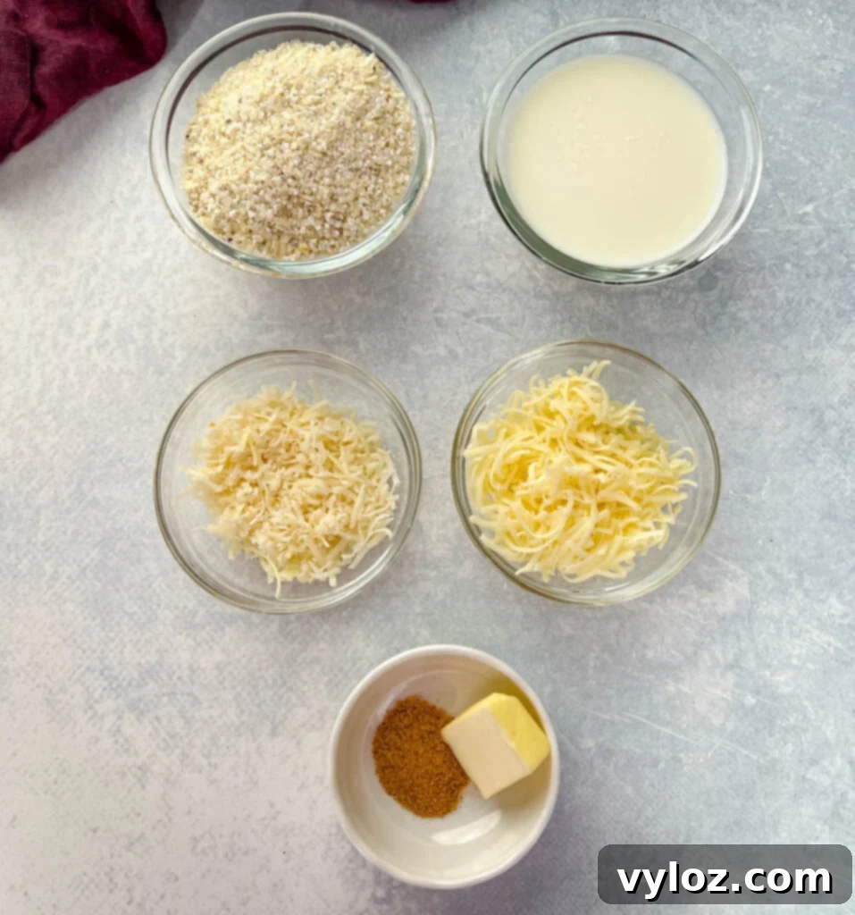 grits, milk, butter, cheese, and Cajun seasoning in separate bowls