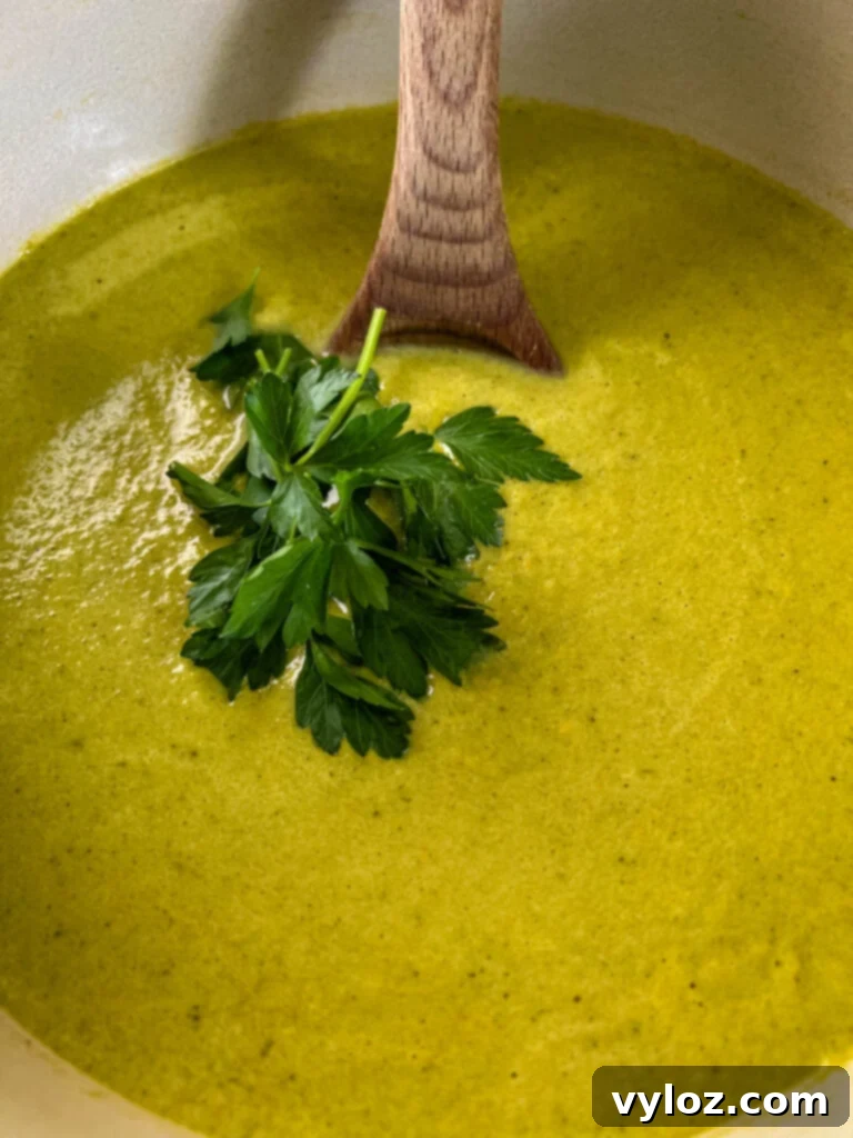roasted creamy poblano pepper soup in a Dutch oven with a wooden spoon