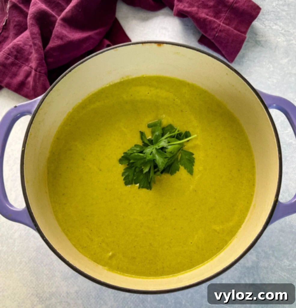 roasted creamy poblano pepper soup in a Dutch oven