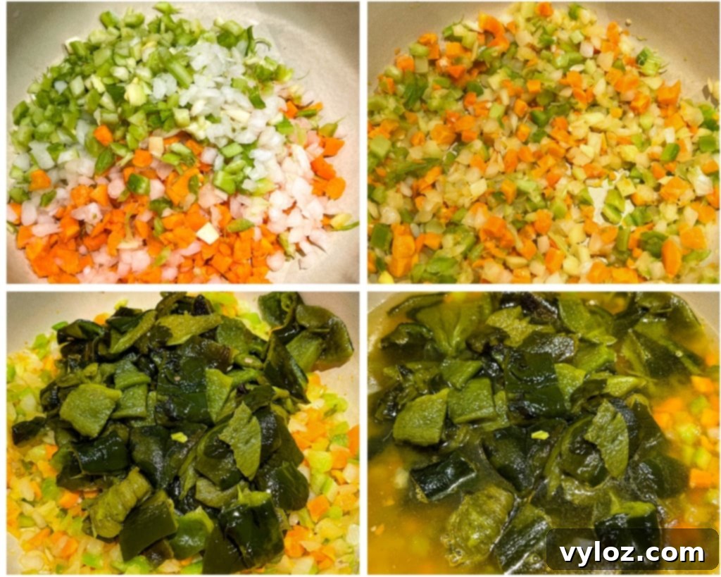 collage of 4 photos with vegetables sauteed in a large pot