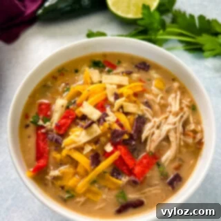 Hearty Slow Cooker Shredded Chicken Taco Soup 13 slow cooker chicken taco soup in a white bowl with tortilla strips and cheese