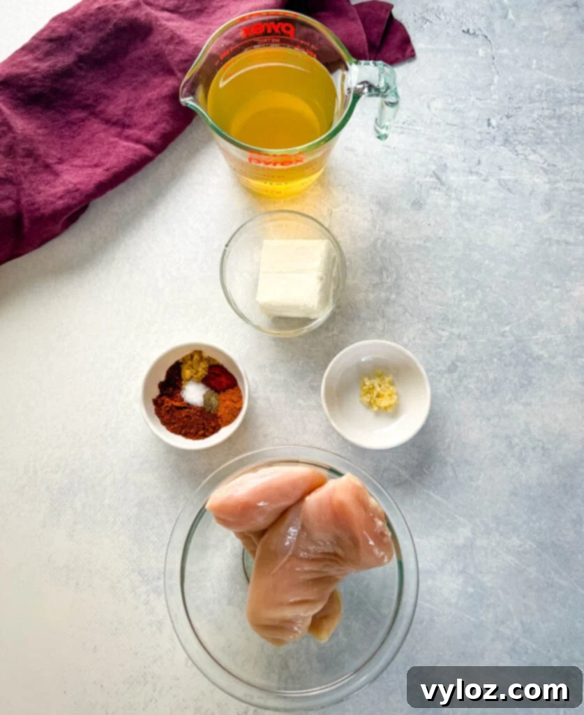 Hearty Slow Cooker Shredded Chicken Taco Soup 4 broth, homemade taco seasoning, garlic, cream cheese, and raw chicken breasts in separate bowls