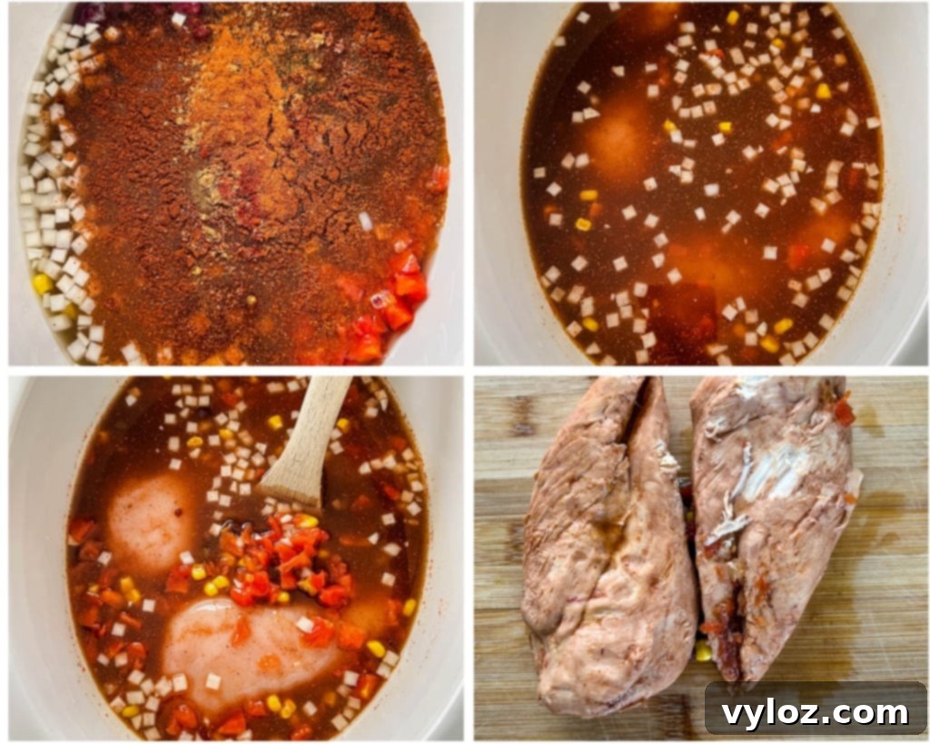 Hearty Slow Cooker Shredded Chicken Taco Soup 6 collage of 4 photos with chicken, vegetables, broth and spices in a Crockpot