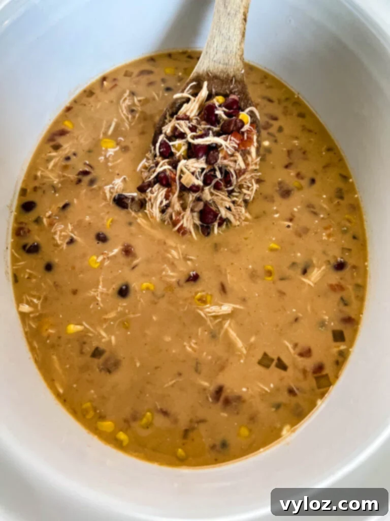 Hearty Slow Cooker Shredded Chicken Taco Soup 10 chicken taco soup in a slow cooker Crockpot