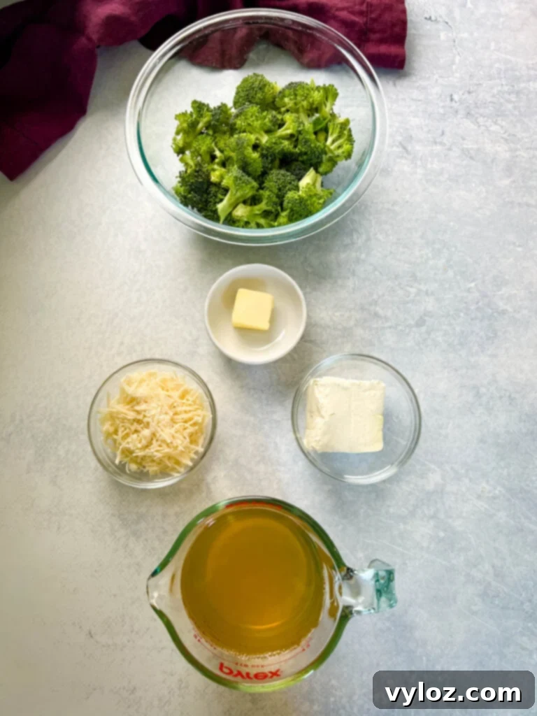 broccoli, butter, cream cheese, parmesan cheese, and broth in separate bowls