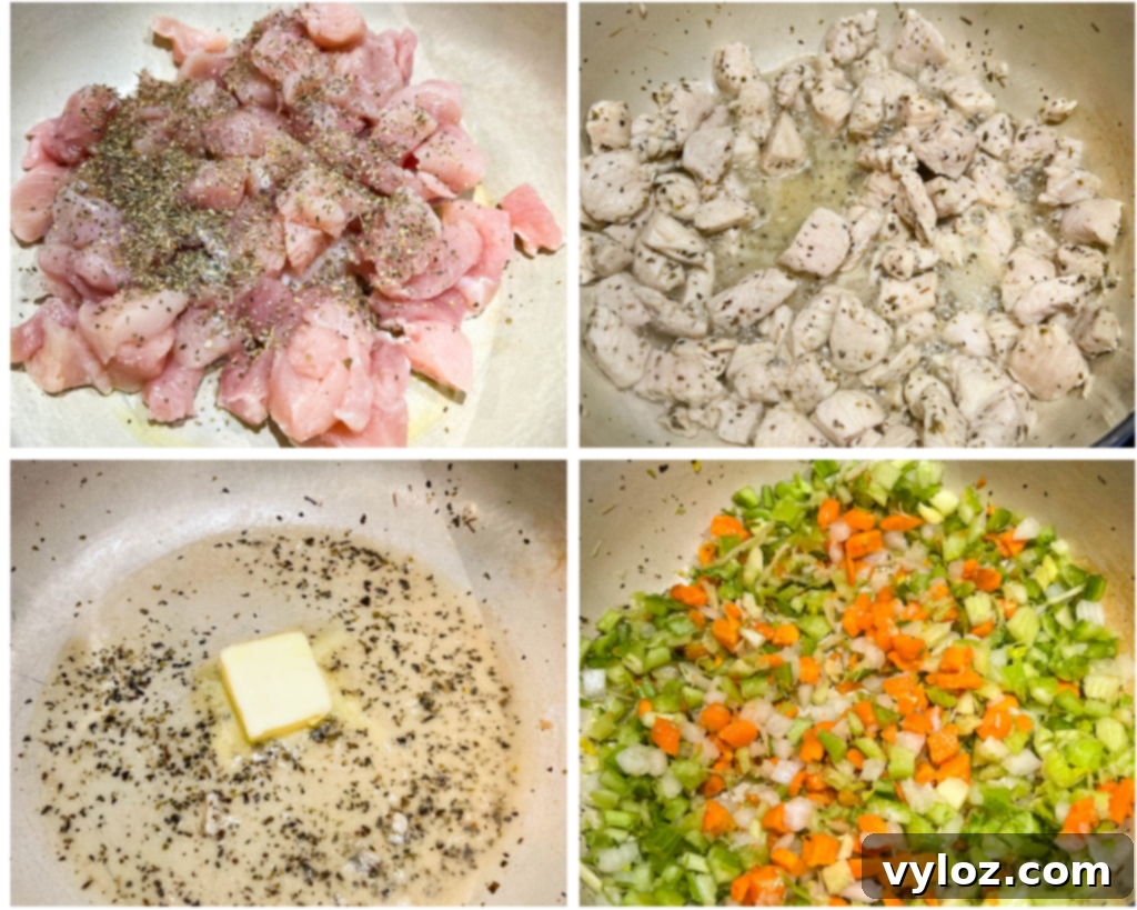 collage of 4 photos with chicken breasts cooked in a pot along with butter and vegetables