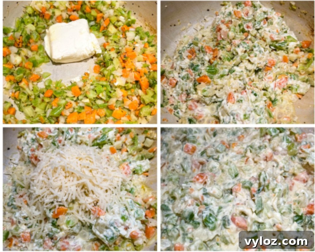 collage of 4 photos of Alfredo cream sauce and vegetables