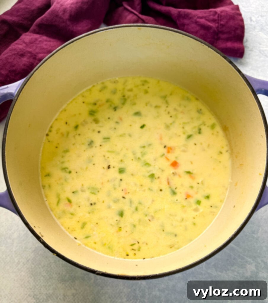 collage of Alfredo cream sauce and vegetables in a Dutch oven pot
