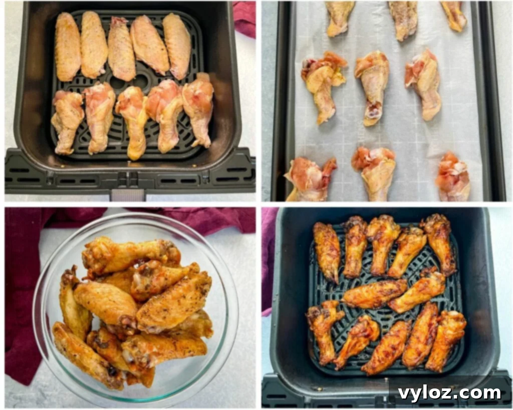 collage of 4 photos showing cooked and uncooked chicken wings