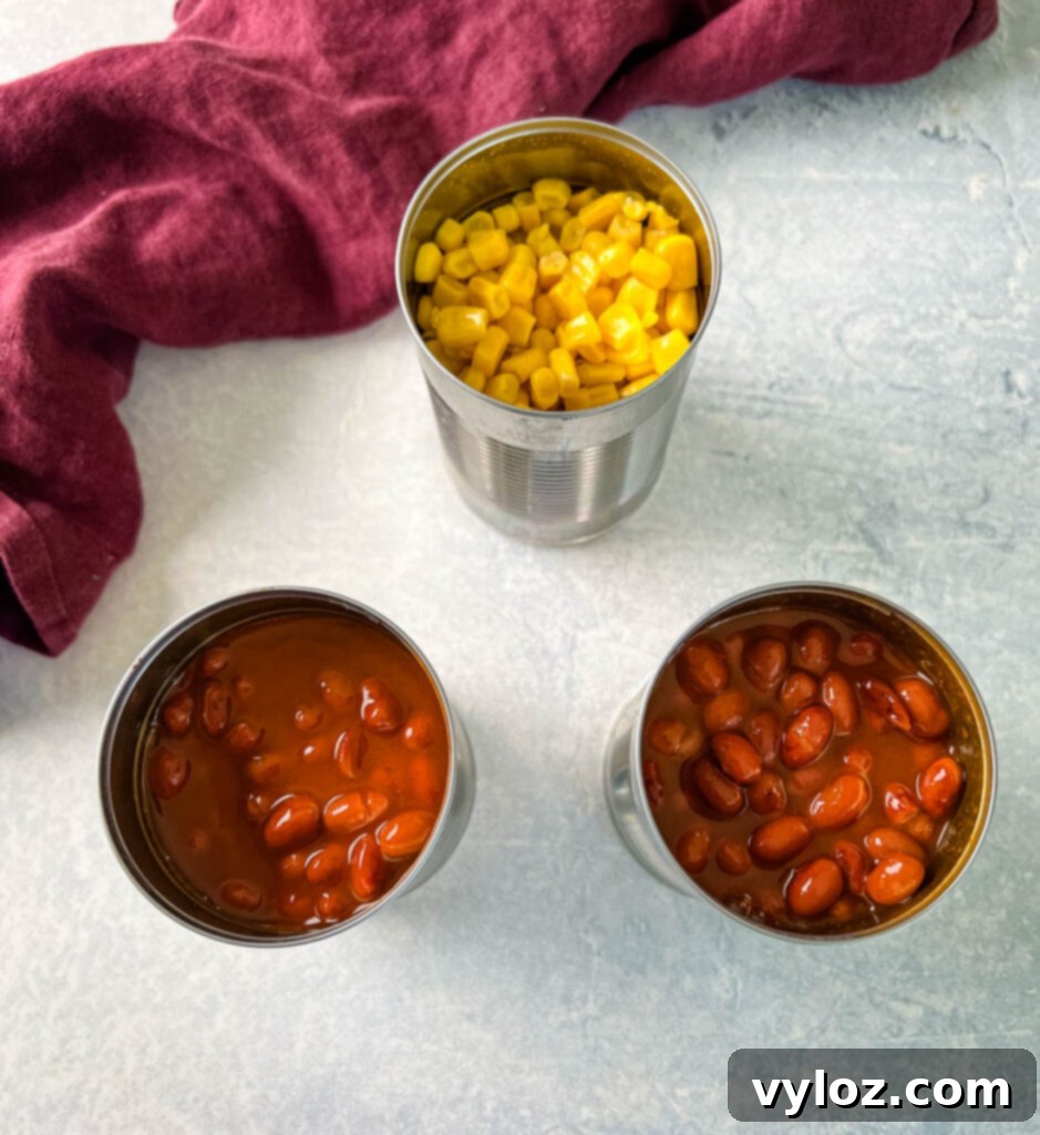Hearty Butternut Squash Chili with Your Choice of Meat 5 Canned corn and canned beans neatly arranged on a flat surface.